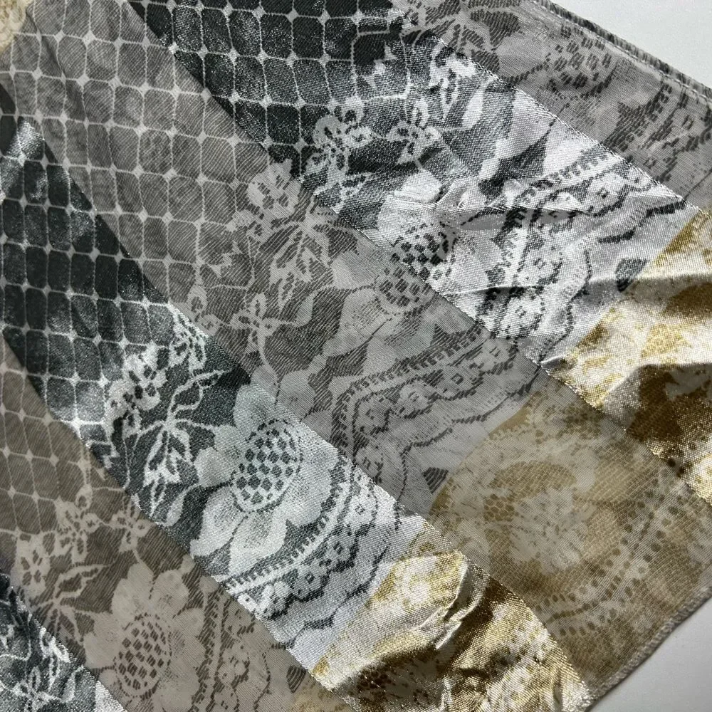 Rare Luxury JACQUARD CHARCOAL BOHEMIAN SCARF PLATINUM GOLD 19”x19”
